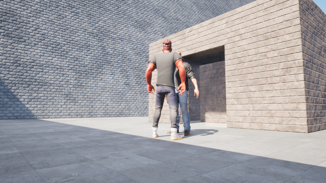 The player character is seen, confronted by a non-player character outside a brick building, inside a high-walled compound.