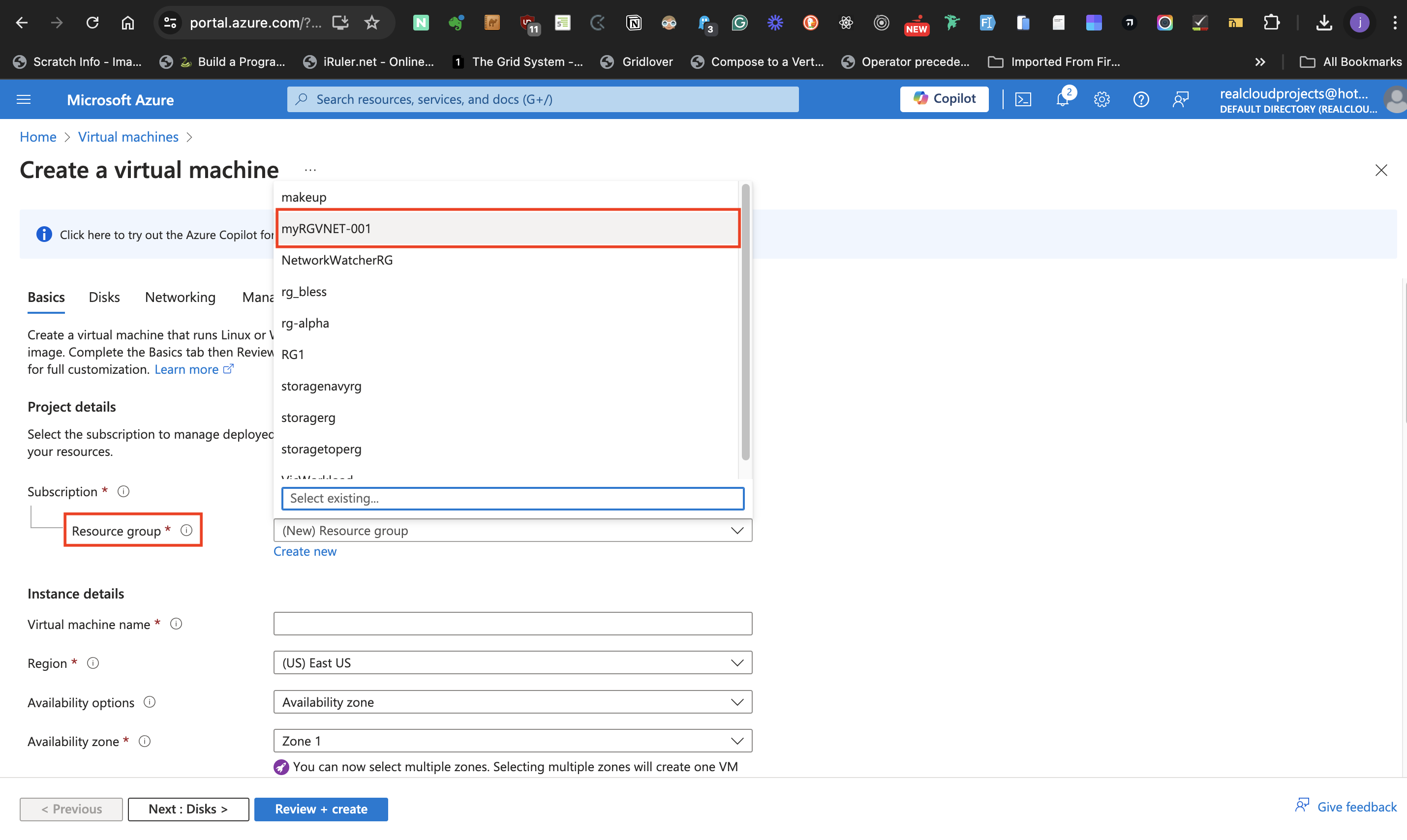 select the resource group created earlier from the list of resource groups