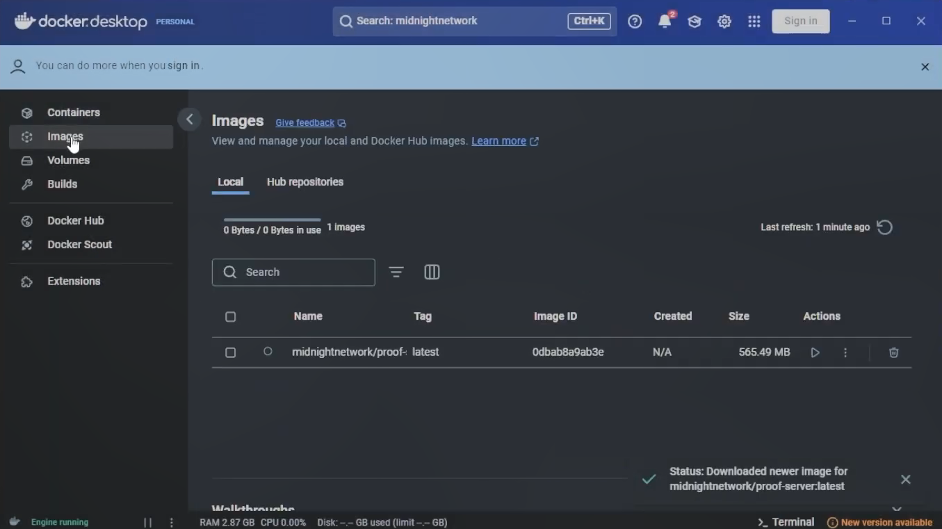 Docker Desktop Images tab showing the downloaded proof-server image