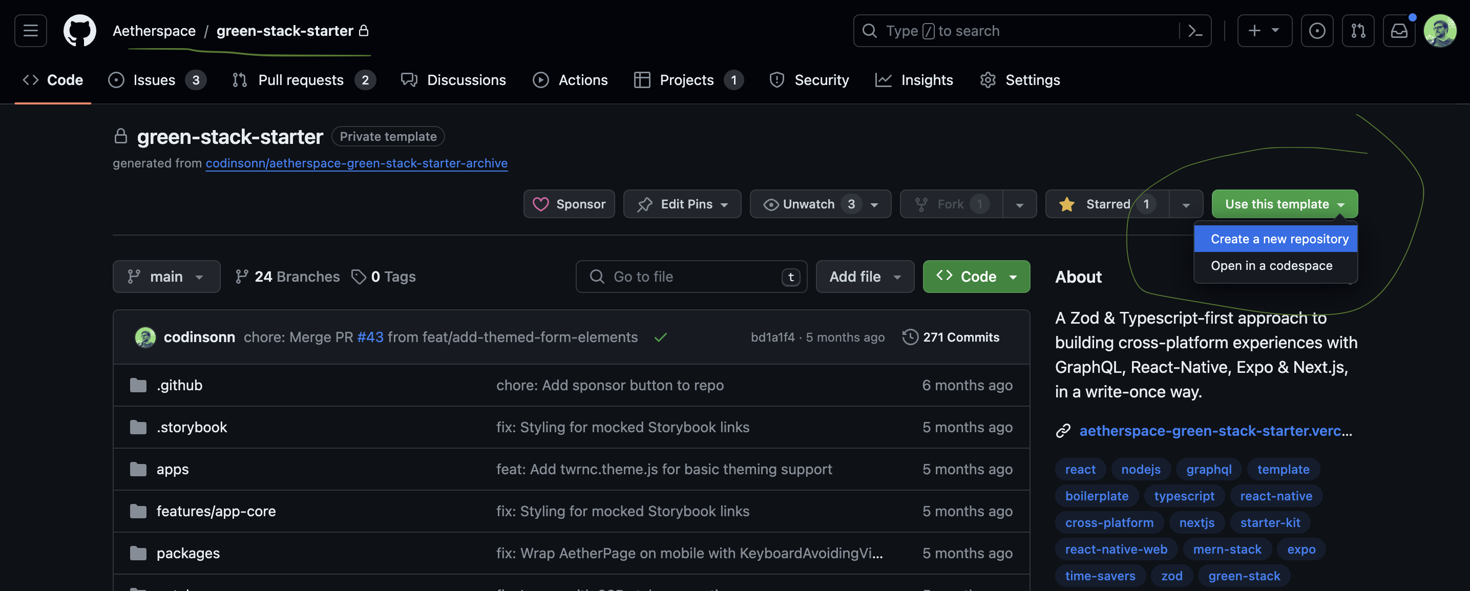 Image describing how to use Github UI to fork the template repo