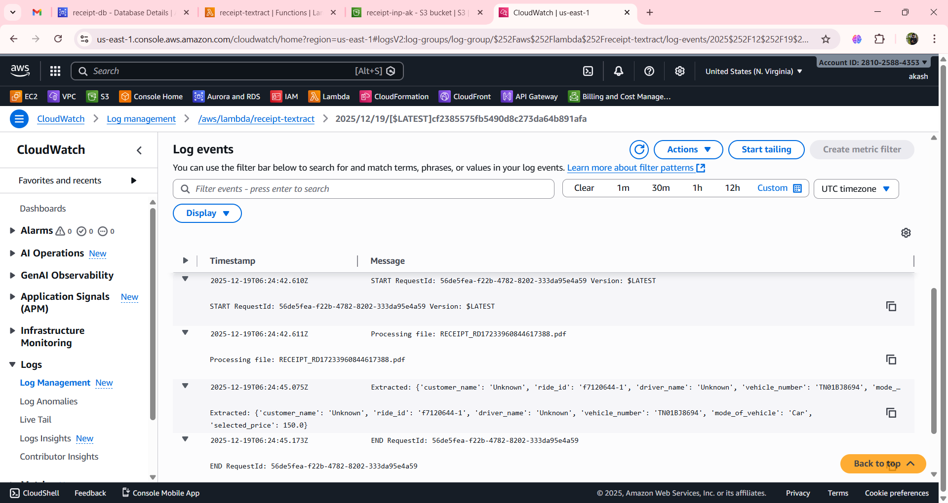 CloudWatch log screenshot