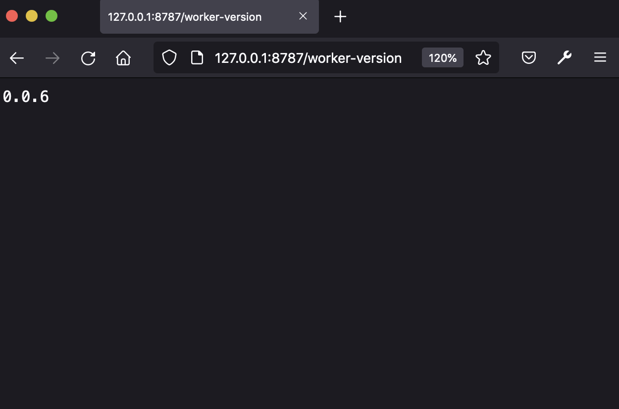 Using Rust Cloudflare Workers: Test Route: browser screenshot with the address http://127.0.0.1:8787/worker-version in the navigation bar. Only 0.0.6 is displayed in the main window