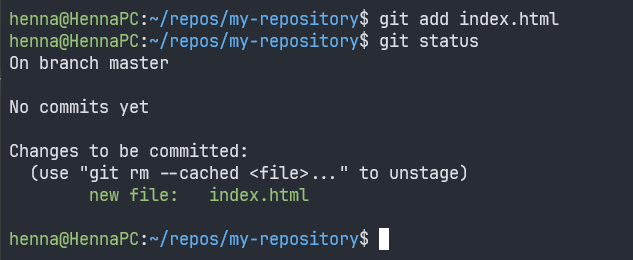 Linux 終端機的螢幕截圖，執行命令“git add”，然後執行“git status”，顯示結果。