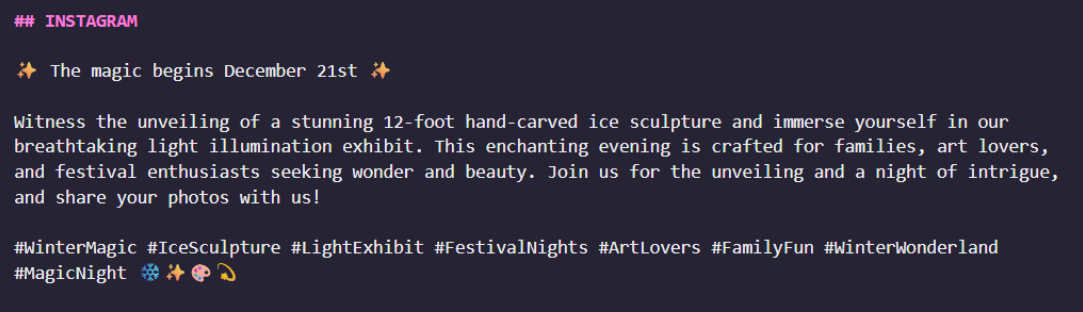 Instagram post – Magic Night of Lights and Ice Sculpture Unveiling