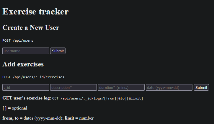 Screen for Exercise Tracker project