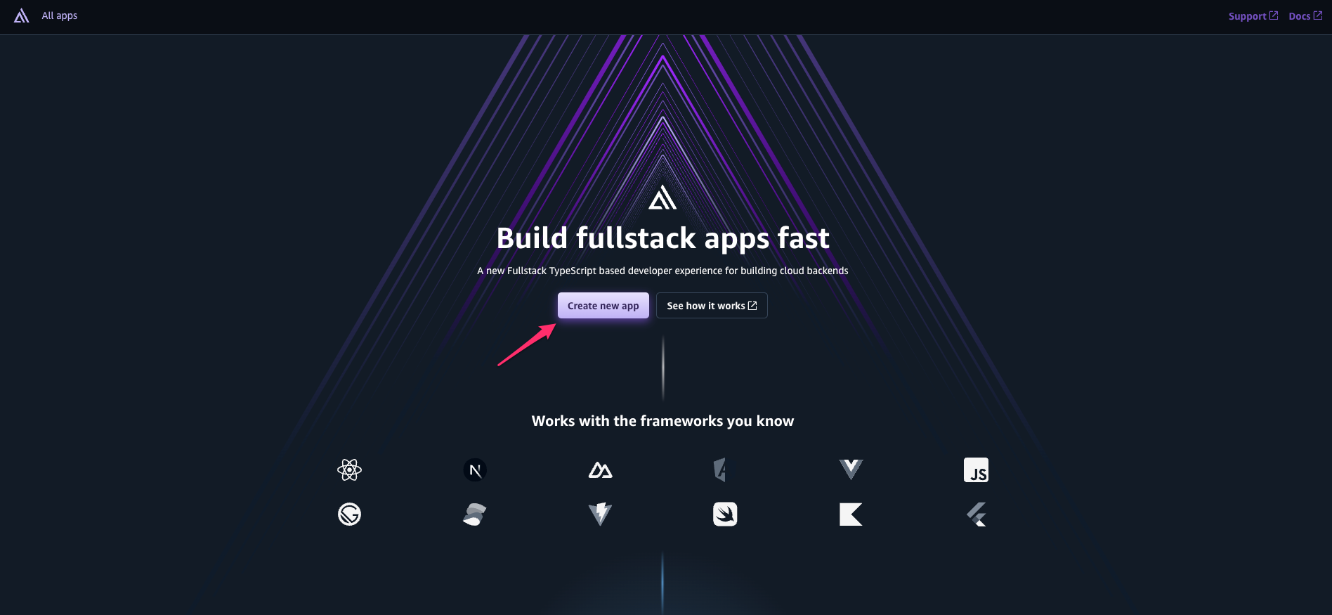 AWS console clicking create new app button