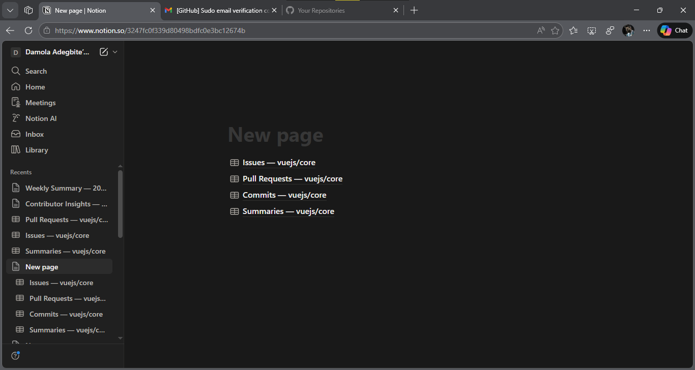 Notion page showing 4 databases created by setup_workspace: Issues, Pull Requests, Commits, and Summaries for vuejs/core