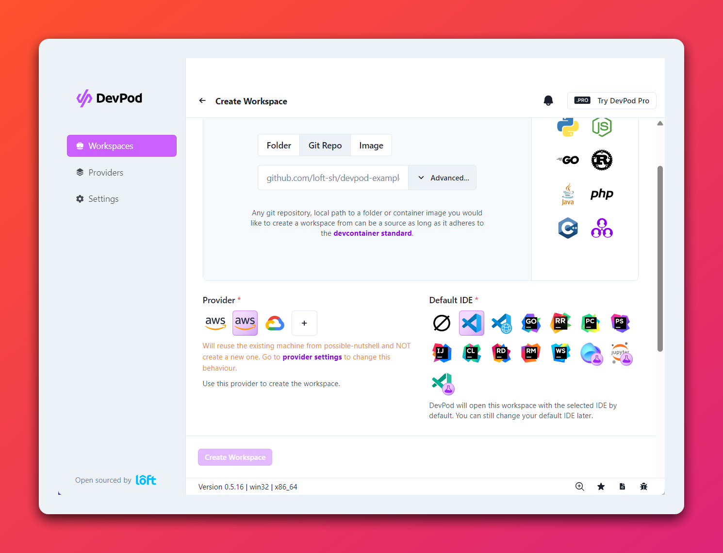Create workspace on devpod