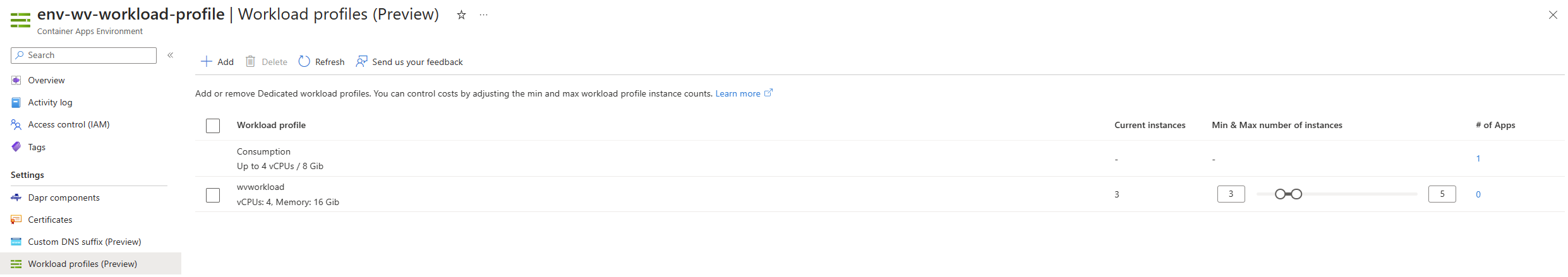 A picture of a Container App workload profile blade in the Azure portal with workload profiles listed