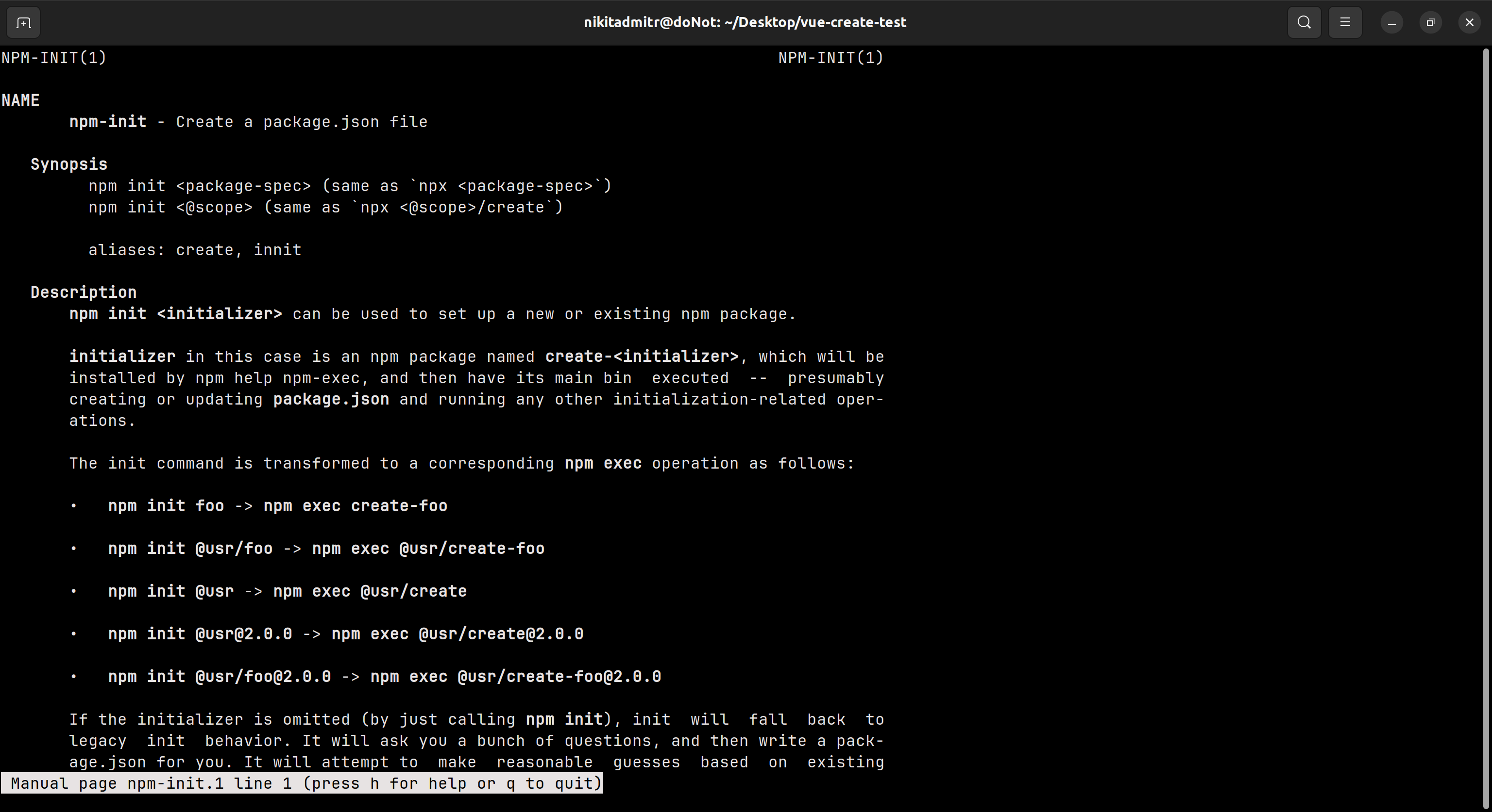 Screenshot of a terminal window displaying the output of the 'npm help init' command, showing the documentation and usage instructions for the 'npm init' command