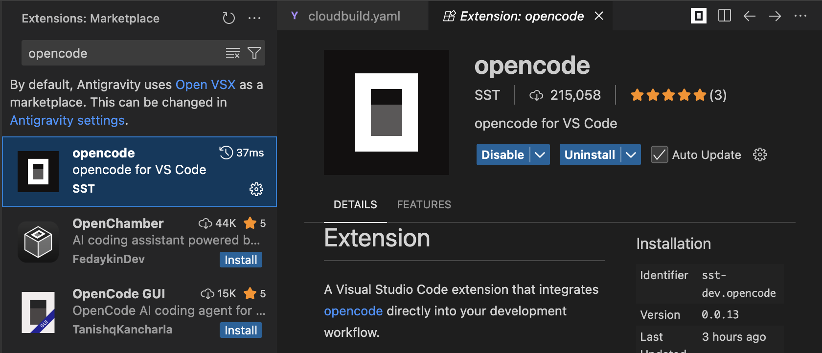 Opencode extension for Antigravity