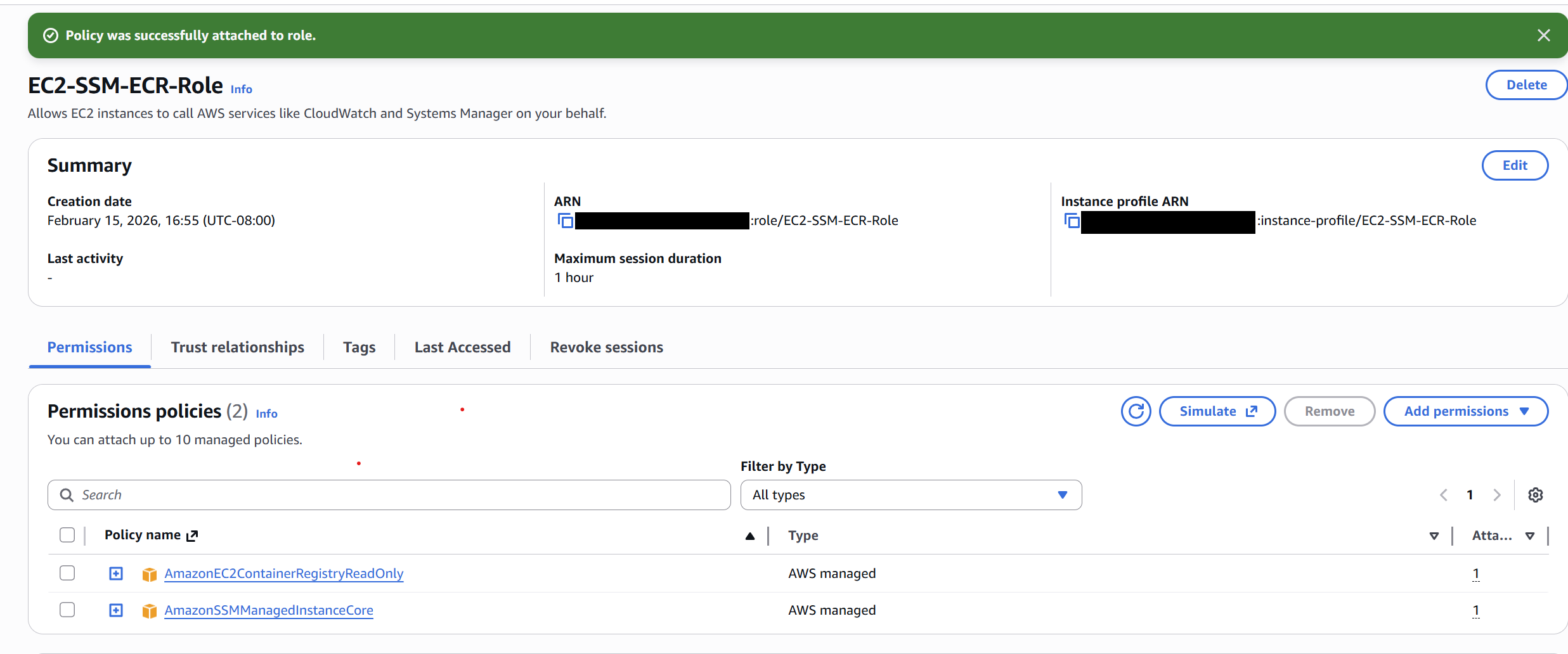 IAM role with AmazonSSMManagedInstanceCore and AmazonEC2ContainerRegistryReadOnly policies attached
