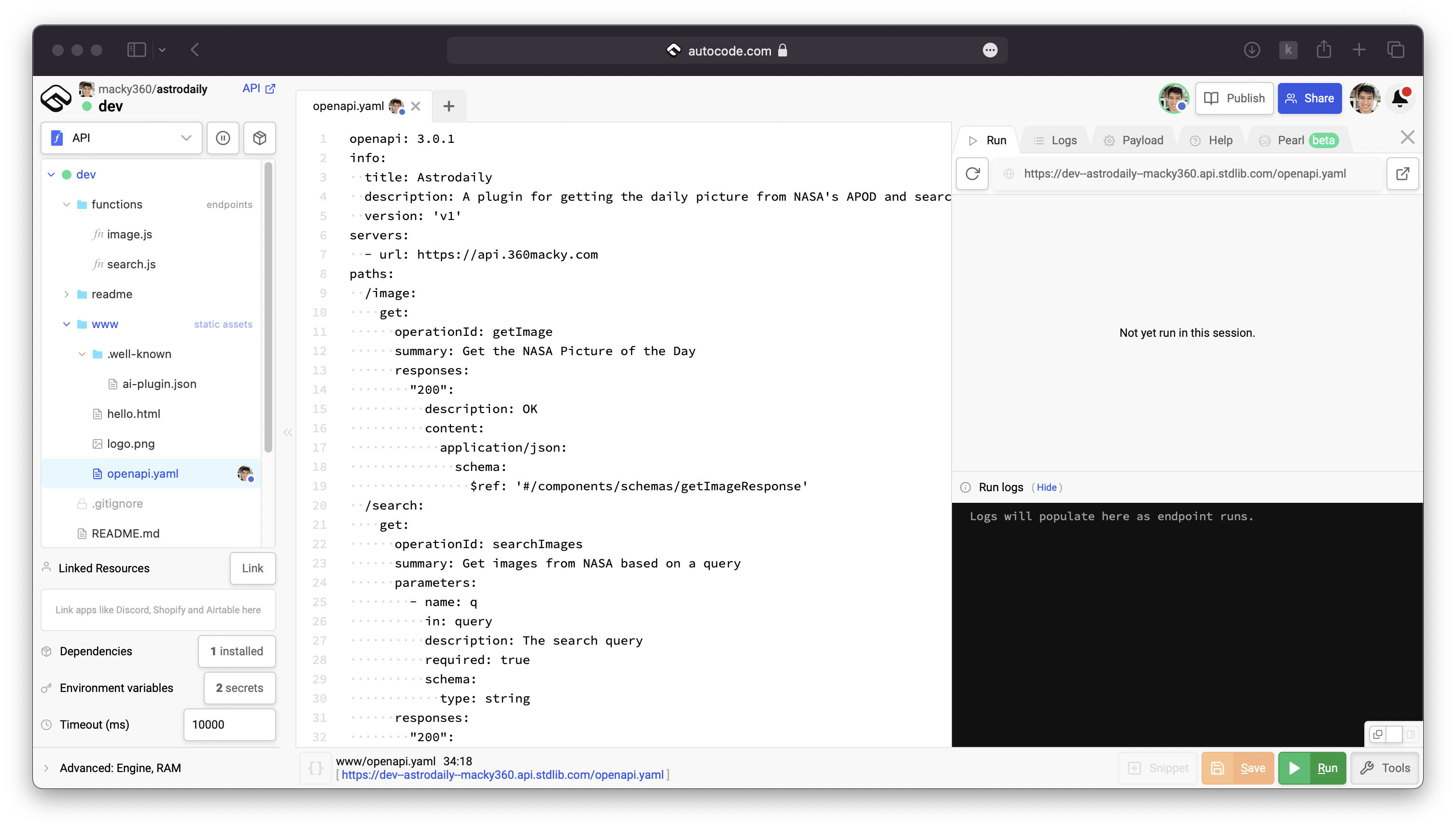 openapi.yaml file on Autocode