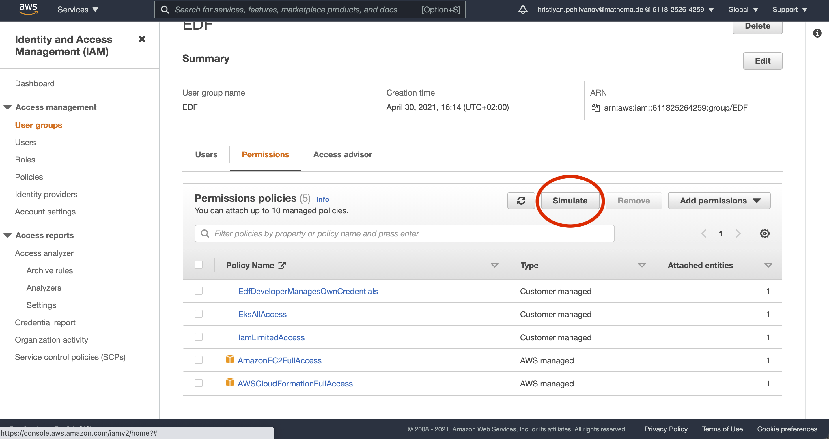 Simulate button on the Permissions page of a group