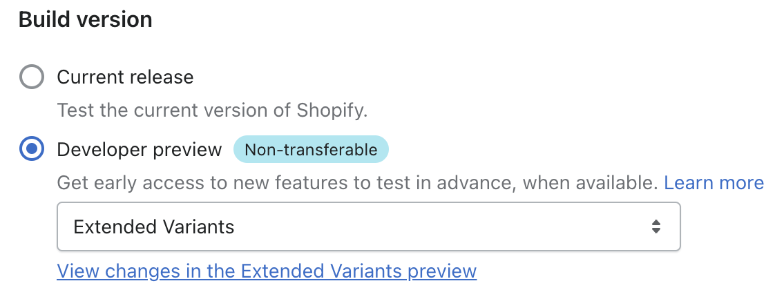 the Extended Variants developer preview in Shopify