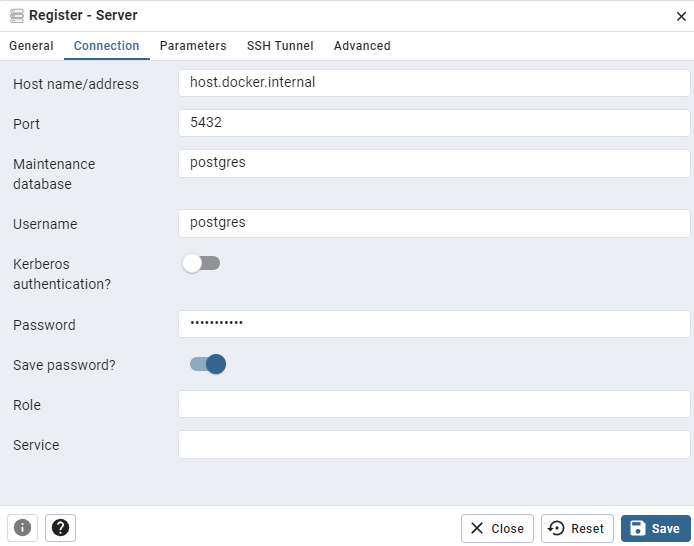 pgAdmin4 server connection tab