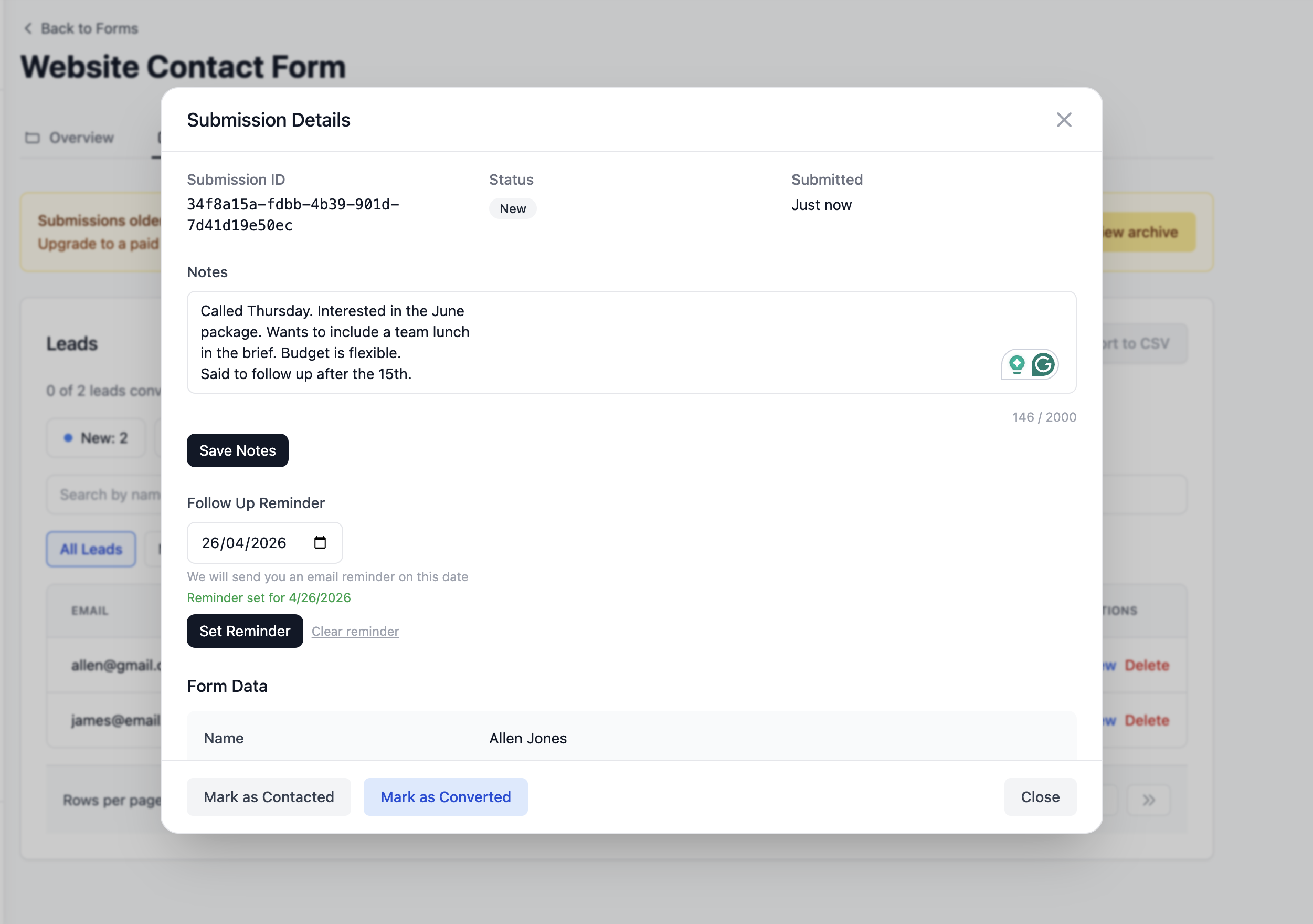 Follow up reminder email from Formgrid