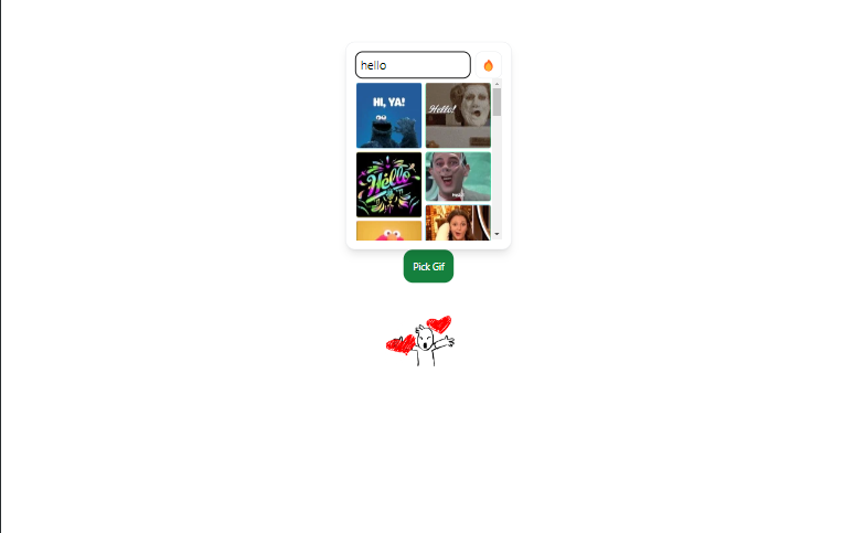 Giphy gif picker final result image with a button to open gif picker, gif picker listing gifs with options to get trending gifs and search gifs.