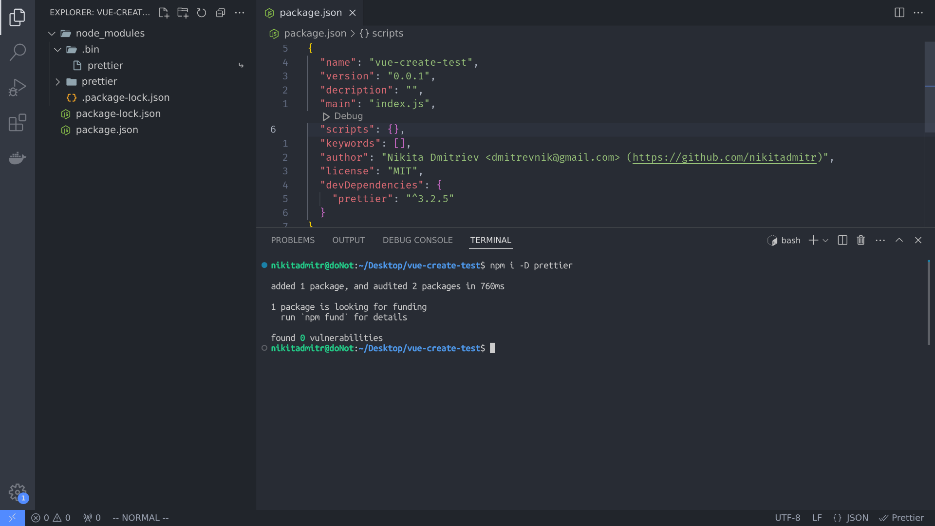 Screenshot of a terminal window showing the installation of Prettier using the command 'npm i -D prettier'