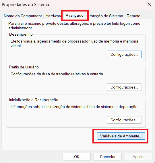 Print da janela "propriedades do sistema" com as opções do texto acima em destaque para identificação.