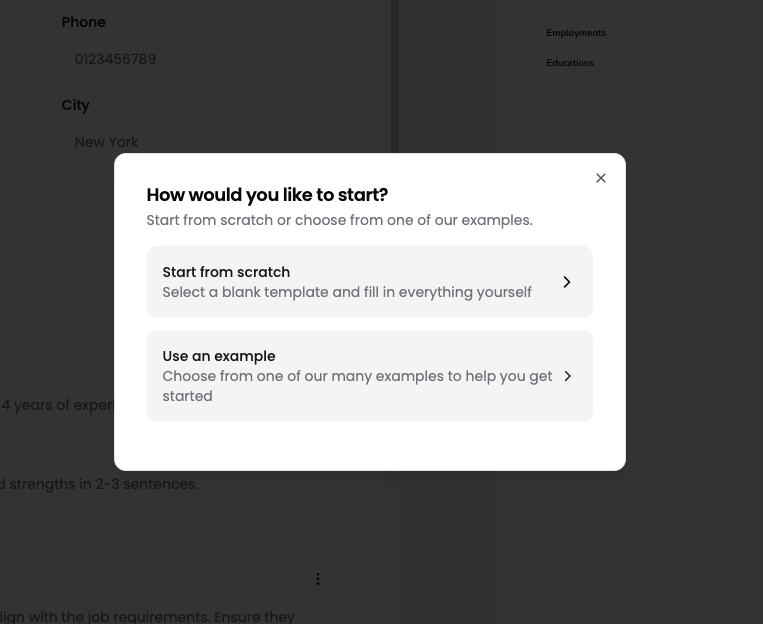 CV Forge new resume dialog