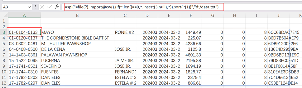 result table with code entered 