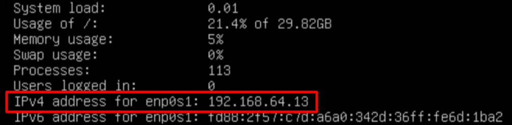 Ubuntu VM 啟動後顯示的 IPv4 位址資訊,用於 SSH 遠端連線