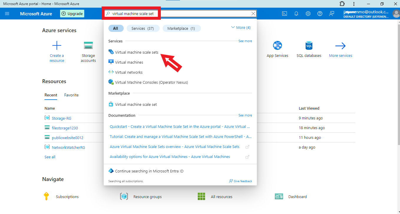 Type and select Virtual Machine Scale Set in the search box on Azure