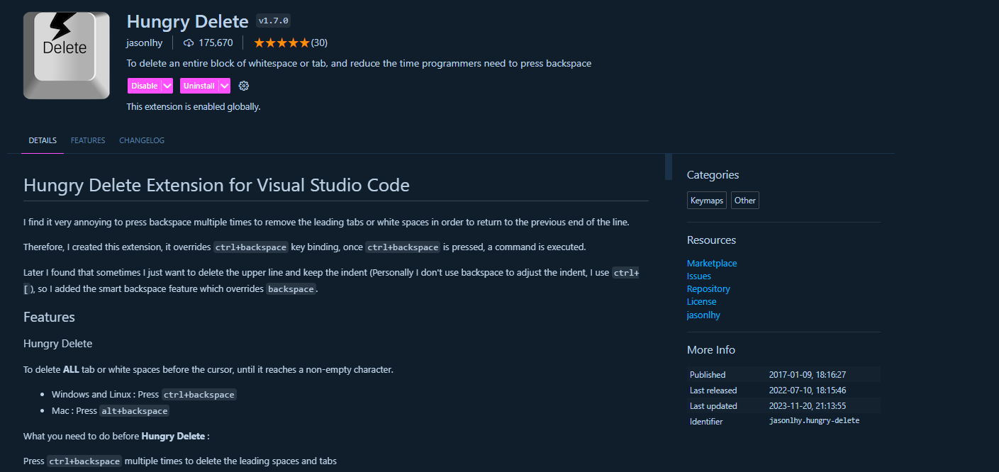 Image of the VScode extension called Hungry Delete