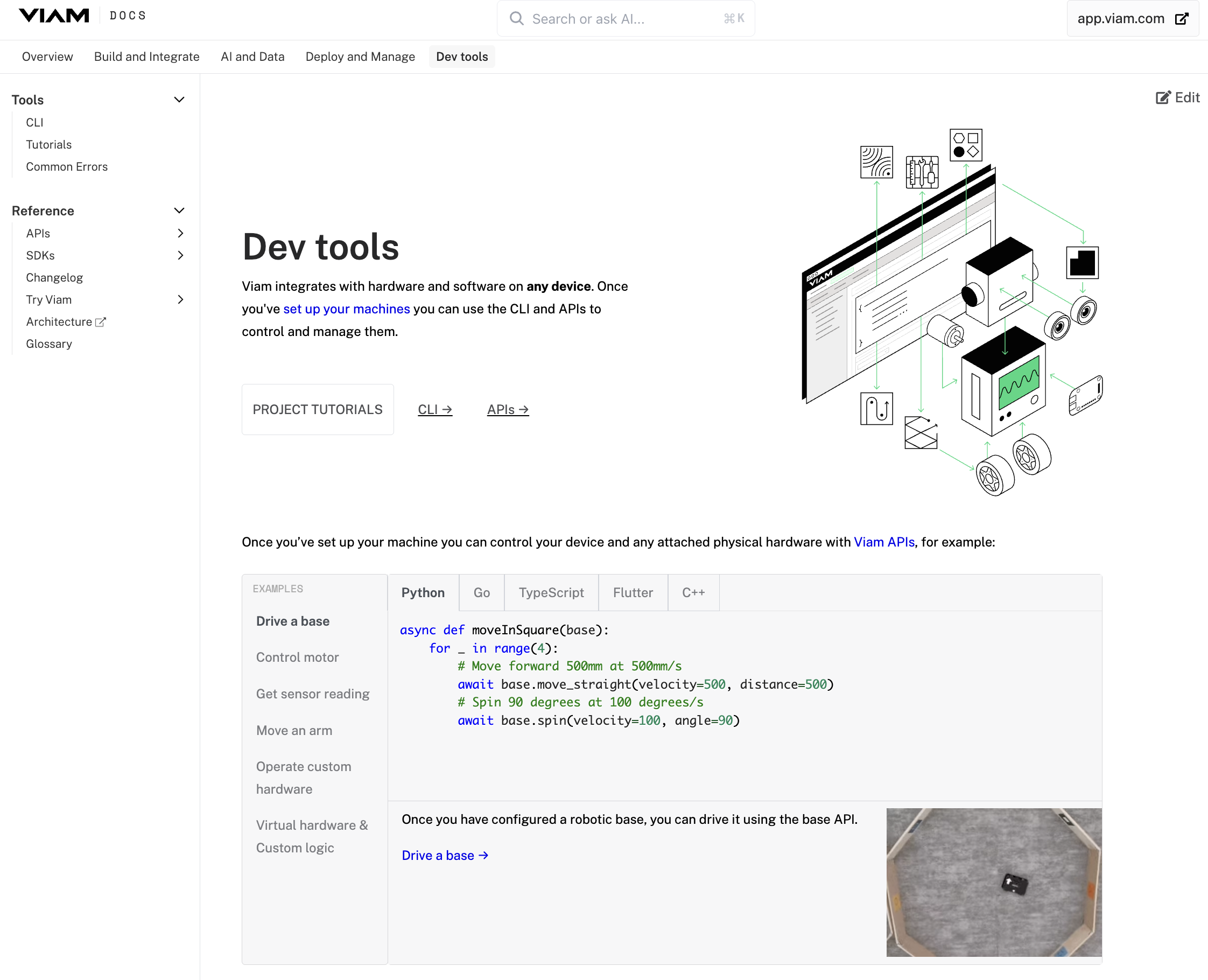 dev tools page of the current Viam docs