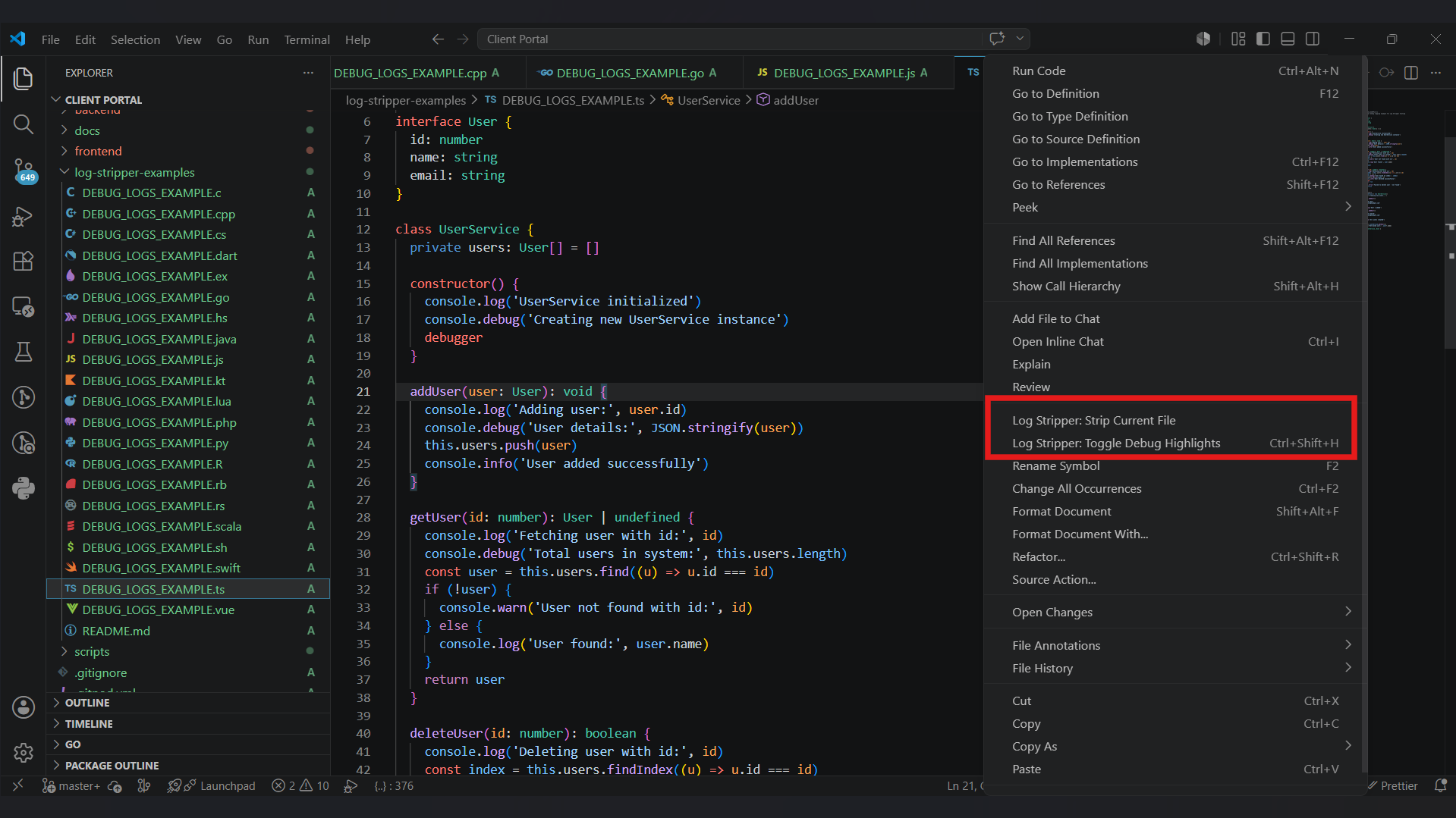 Right-click → menu | Strip Current File | Strip without preview