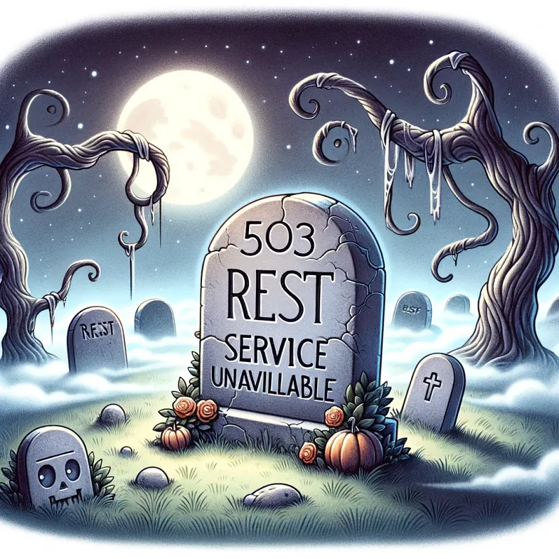 Under a ghostly moonlight, the tombstone stands alone, humorously declaring, ‘REST — 503 Service Unavailable.’ In the foggy silence of the digital graveyard, an era quietly fades into the shadows of innovation
