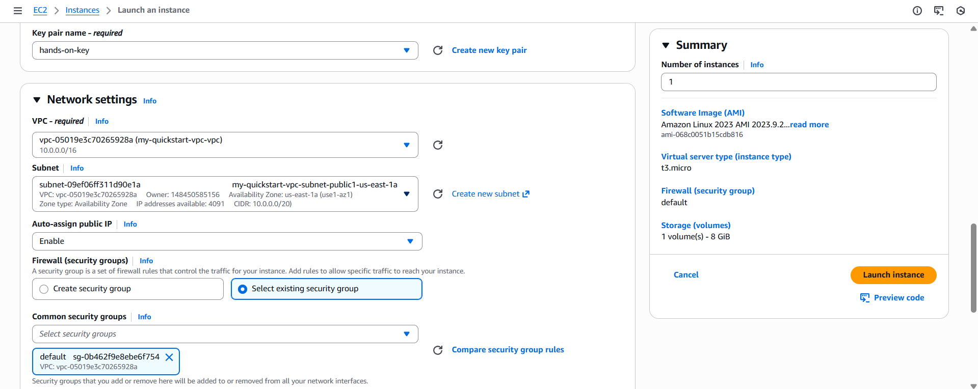 Launch instance screen