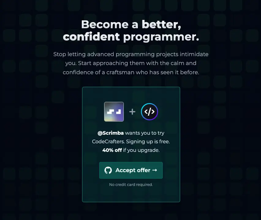 partnership wit codecrafters. Membership offer screen