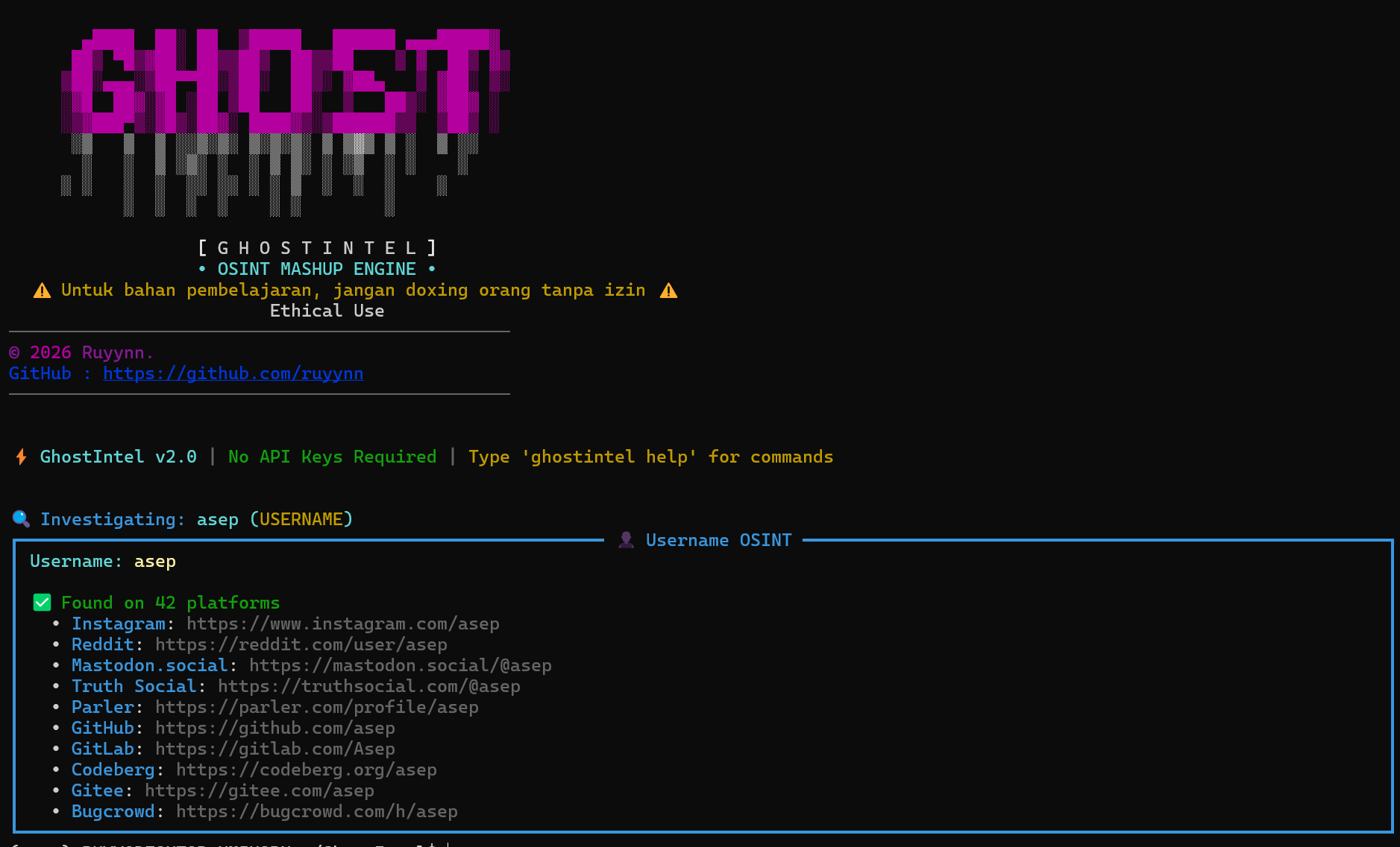 GhostIntel CLI output showing username search results