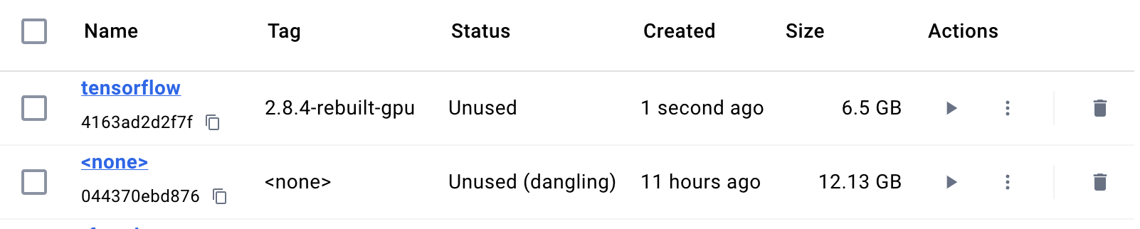 Screenshot of the Docker desktop app showing two versions of the image