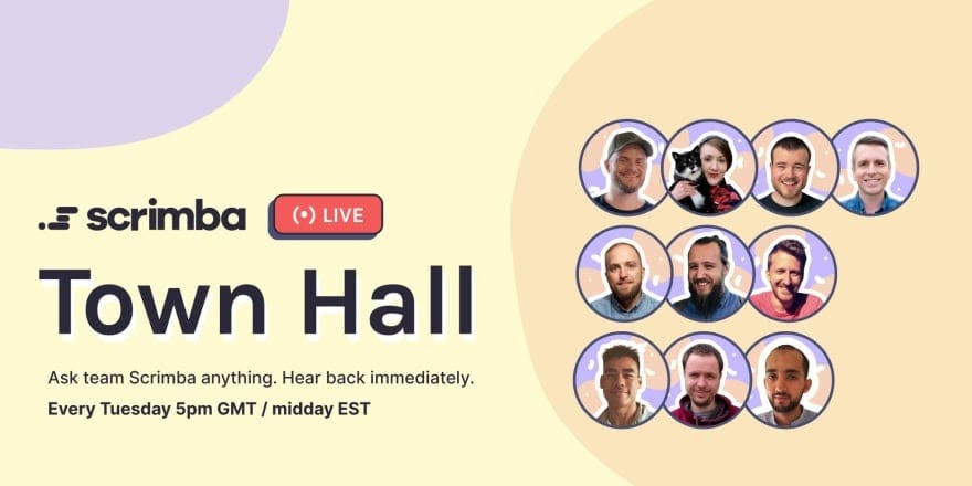 Town Hall  banner with various members of the Scrimba team