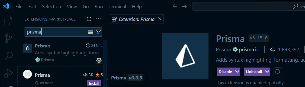 Prisma extension in VSCode