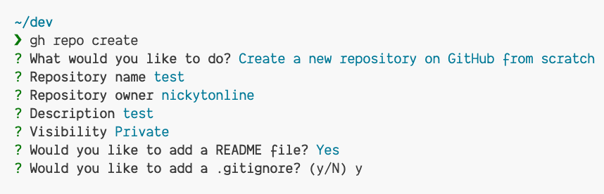 The GitHub CLI prompting for to create a gitignore file