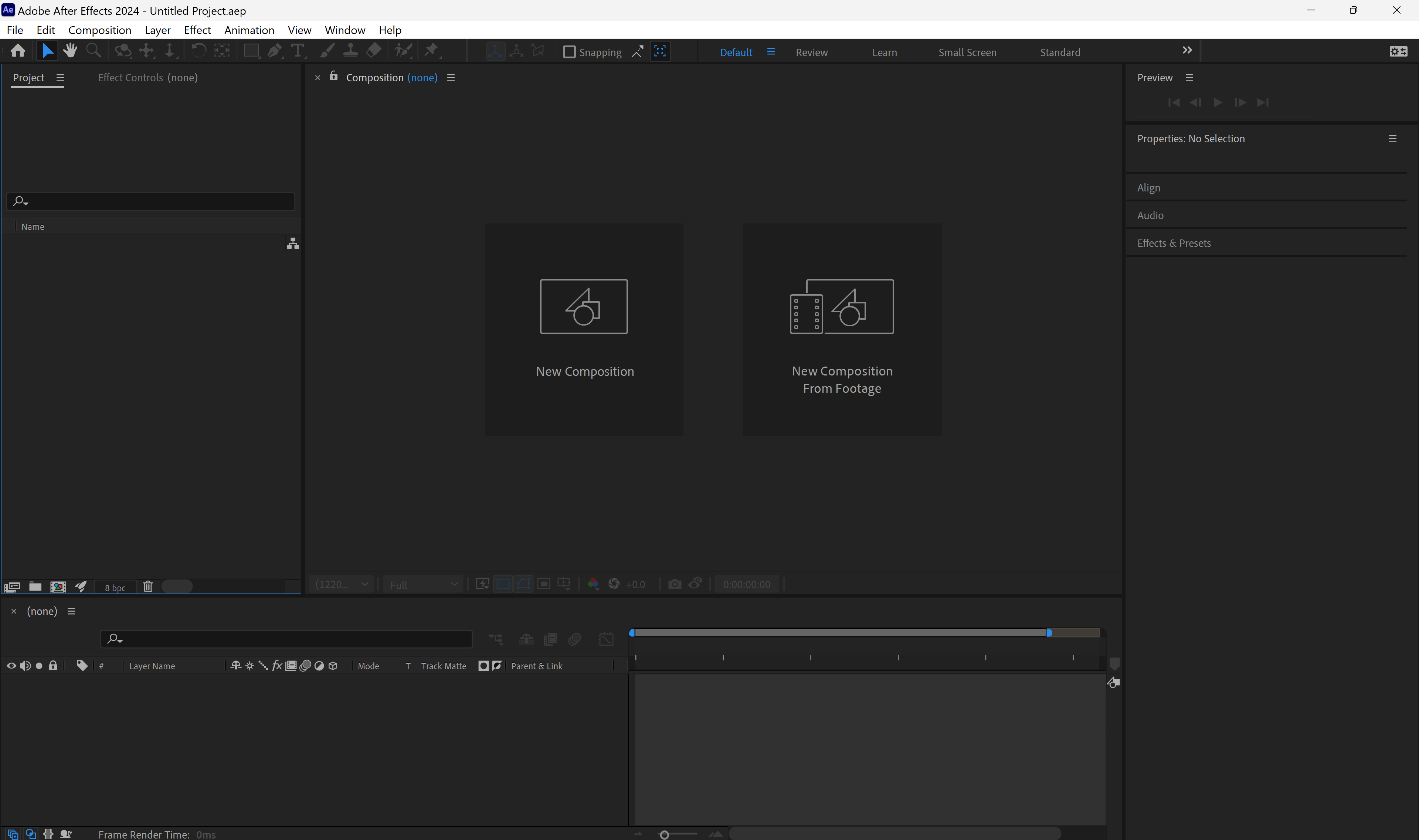 Screenshot of After Effects open to the standard interface.
