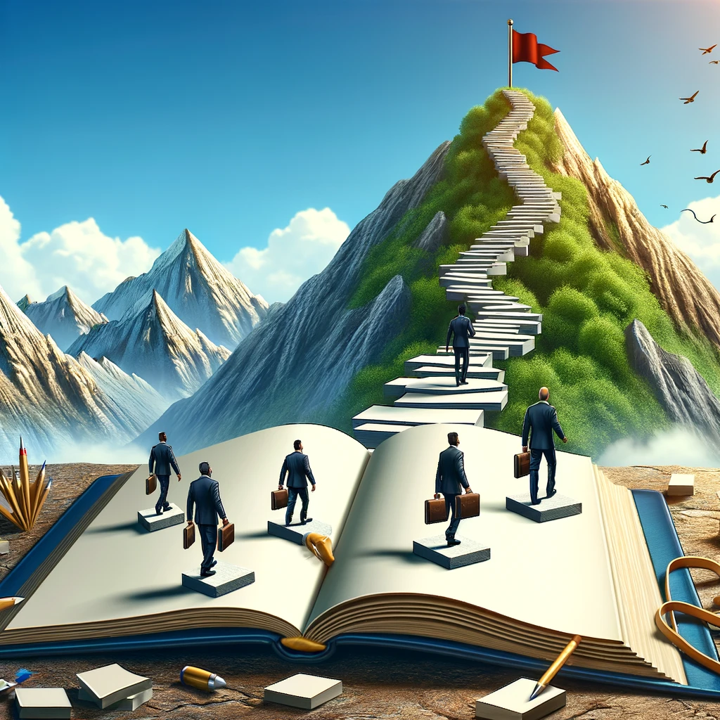 An image featuring a journal with pages turning into stepping stones, leading up a mountain path towards a peak that's crowned with a flag. Professionals are seen stepping on these stones, moving upward. This represents the journal as a catalyst for career advancement, with each entry a step towards higher achievements and roles.