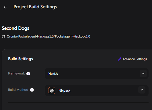 Framework is set to NextJS build method is set to Nixpack