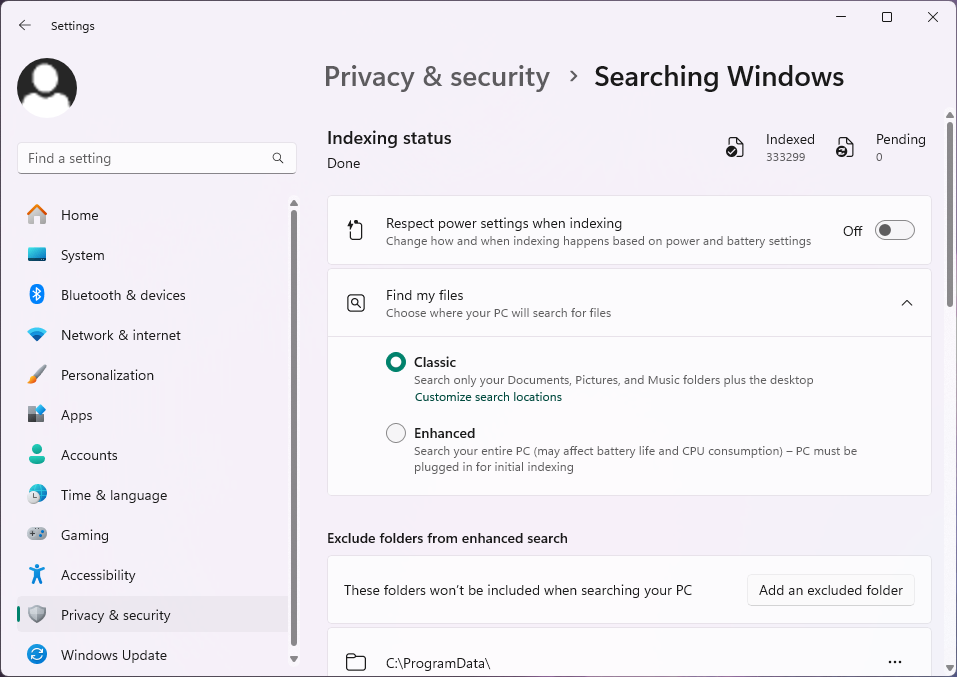 Windows Settings, Privacy & security, Searching Windows