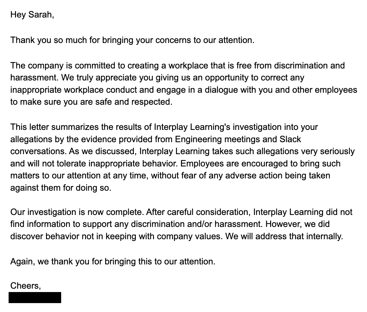 Letter with investigation result