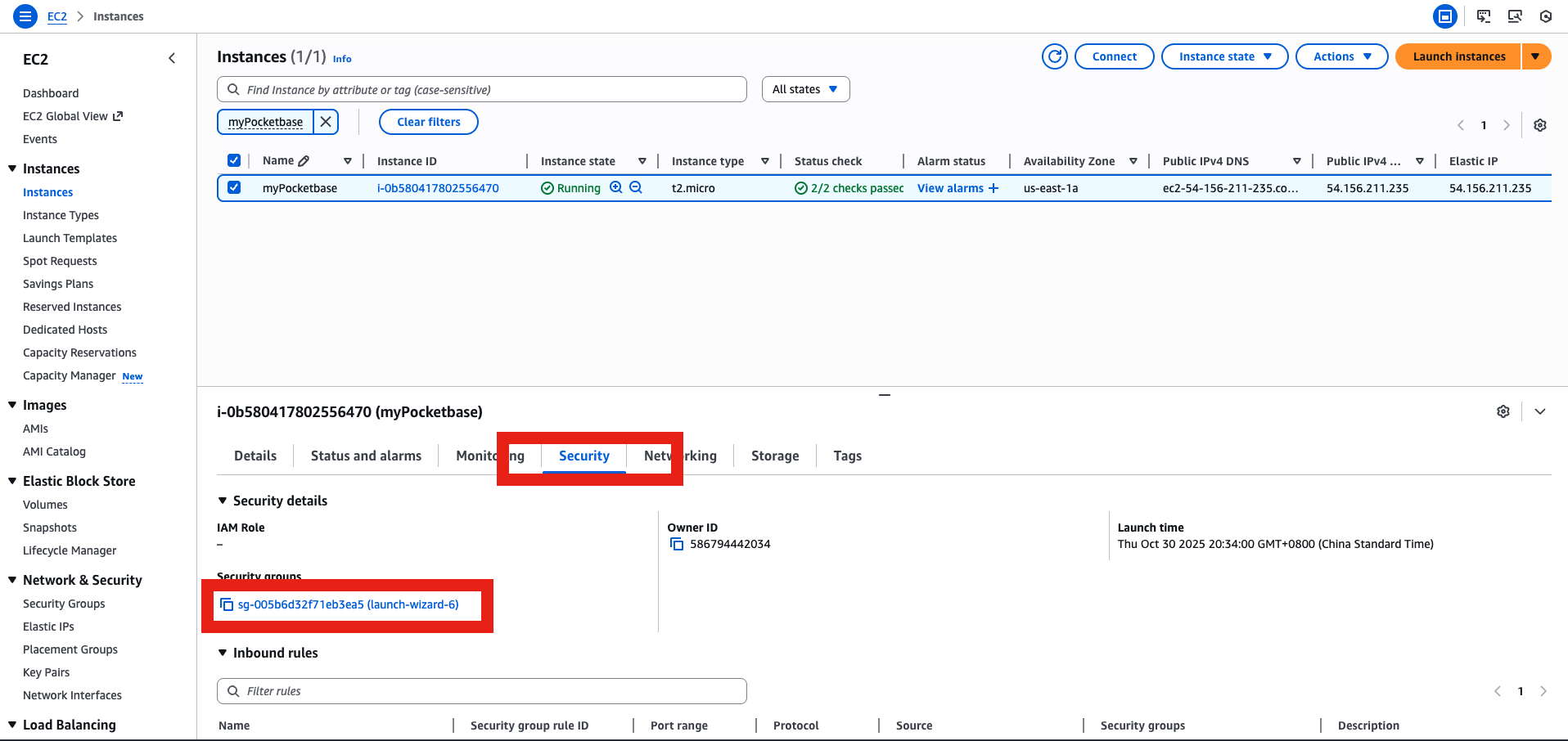 Navigate to security group settings in EC2