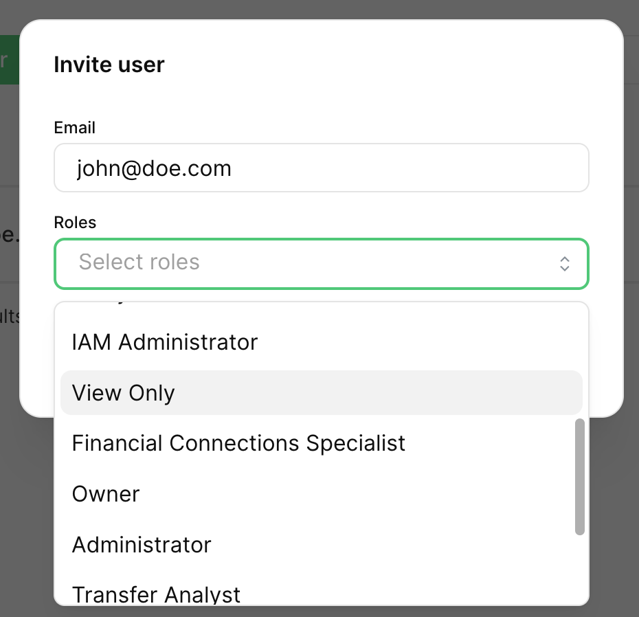 Invitation options for john@doe.com