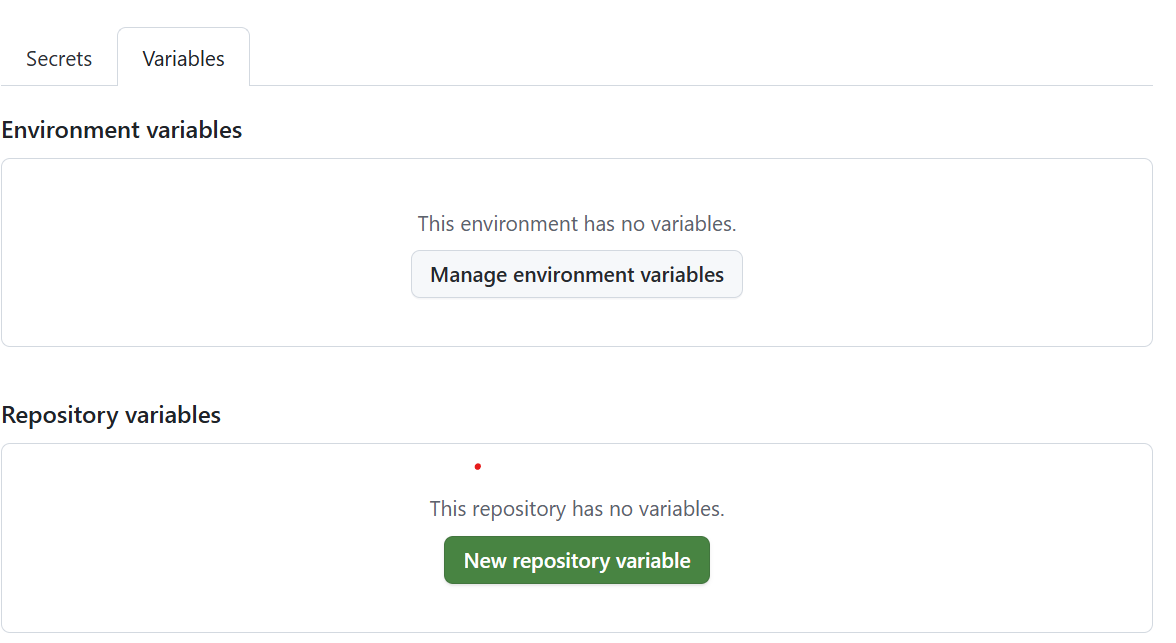 GitHub Actions variables page with AWS environment variables configured