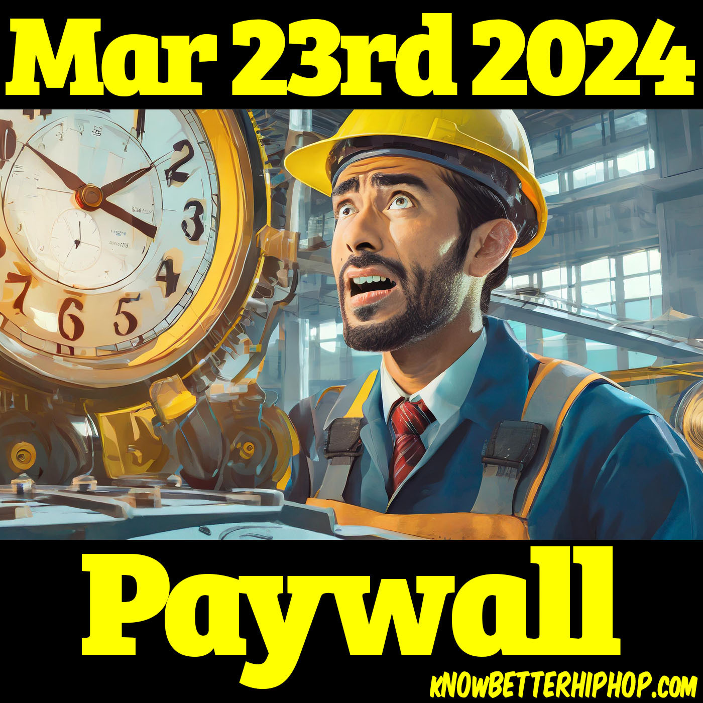 Radio show episode image of an AI generated illustration of a man wearing a yellow hard hat stressed at work with a large clock next to them with the words Mar 23rd 2024 Paywall