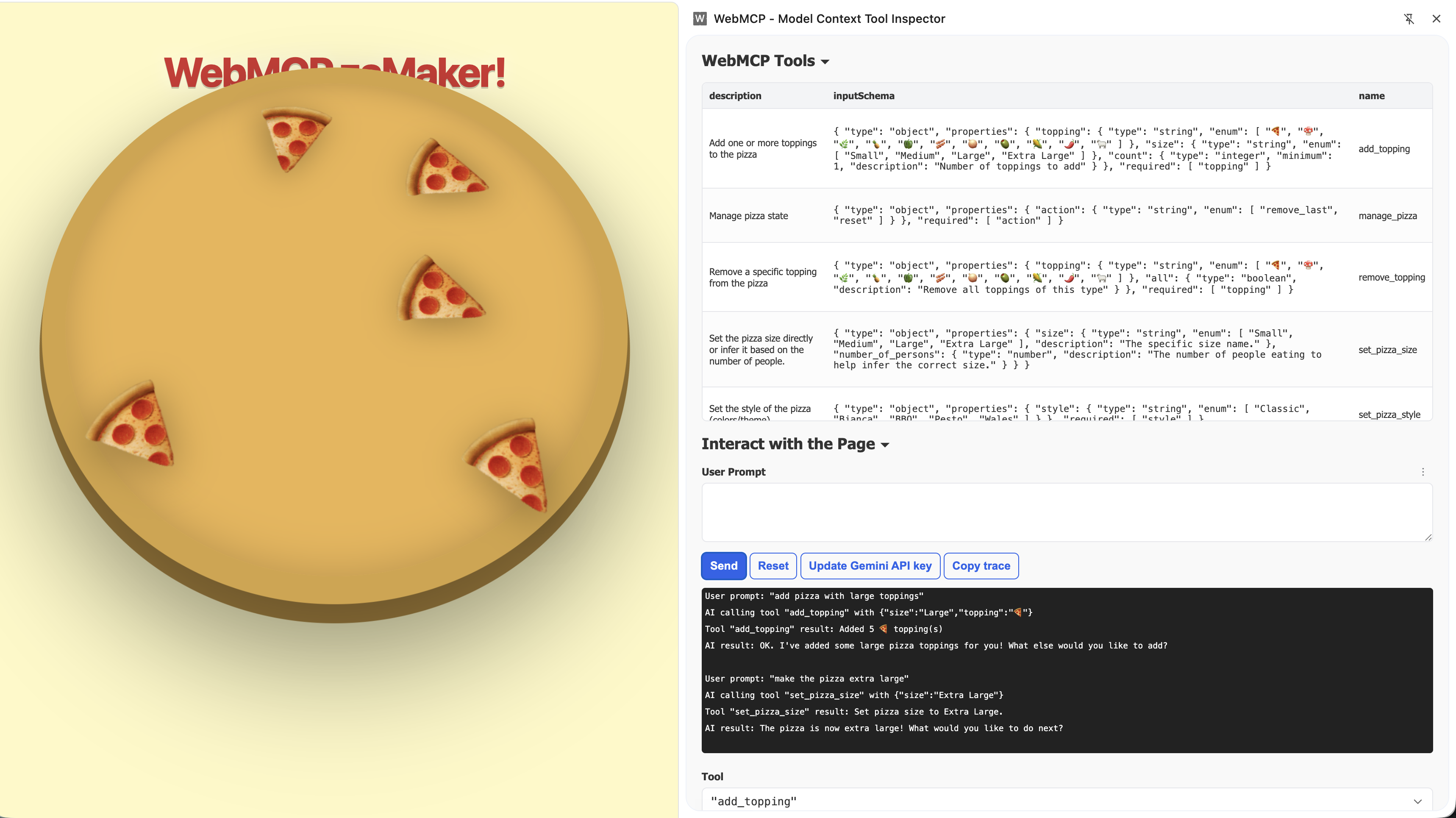 WebMCP zaMaker demo with Model Context Tool Inspector showing registered pizza tools