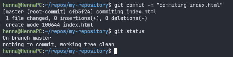 Linux 終端機的螢幕截圖，執行指令“git commit”，然後執行“git status”，顯示結果。